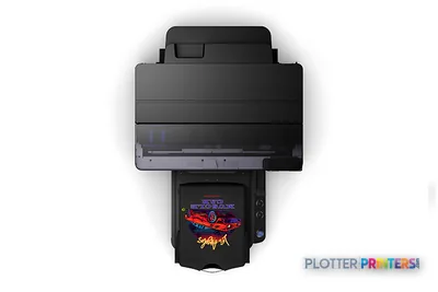 Epson SureColor F2270 large format printer product image showing black and grey unit from above with sample color output
