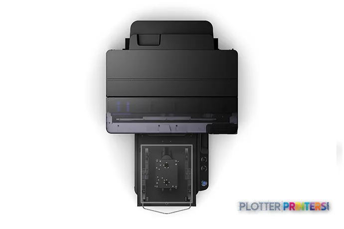 Epson SureColor F2270 large format printer product image showing top view of black and grey printer with open paper feed tray