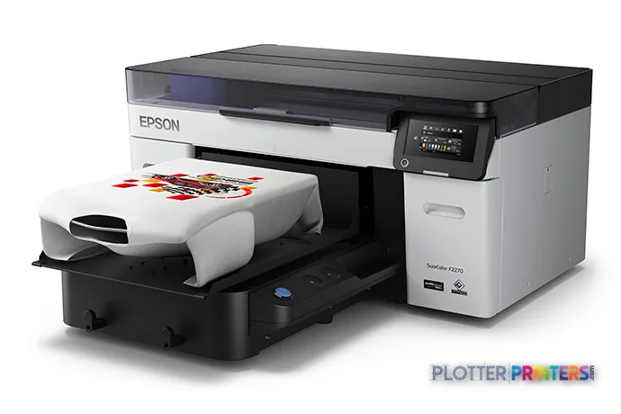 Epson SureColor F2270 large format printer product image showing black and white unit with open flatbed tray printing colorf…