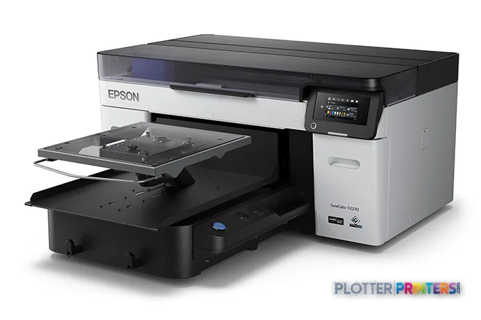 Epson SureColor F2270 large format printer product image showing black and white printer with open output tray