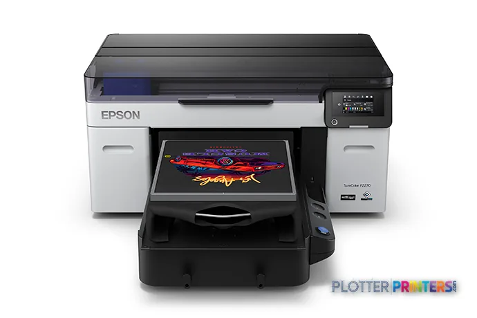 Epson SureColor F2270 large format printer product image showing black and white printer with colorful car design printed on…