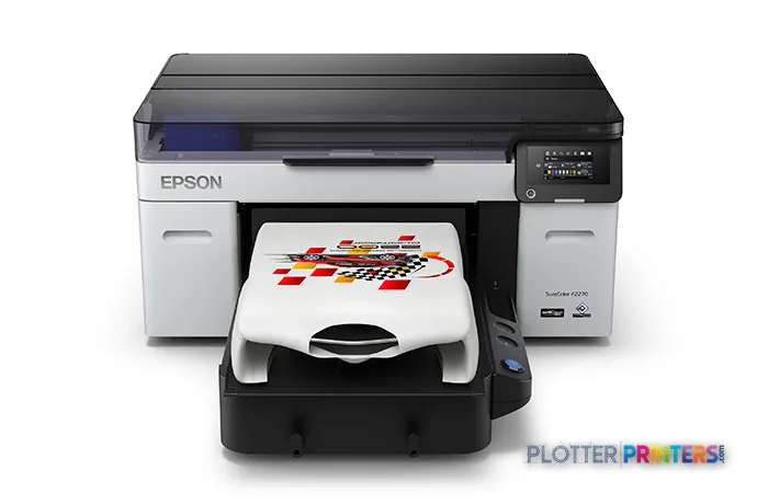 Epson SureColor F2270 large format printer product image showing black and grey printer with colorful printed output