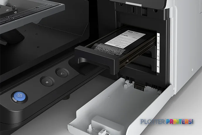 Epson SureColor F2270 product image showing open paper tray with media loaded and control panel with blue power button