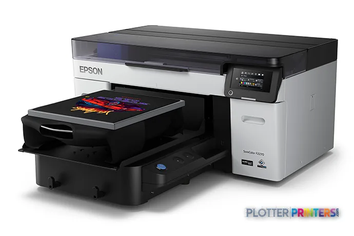 Epson SureColor F2270 large format printer product image showing black and white printer with open output tray displaying co…