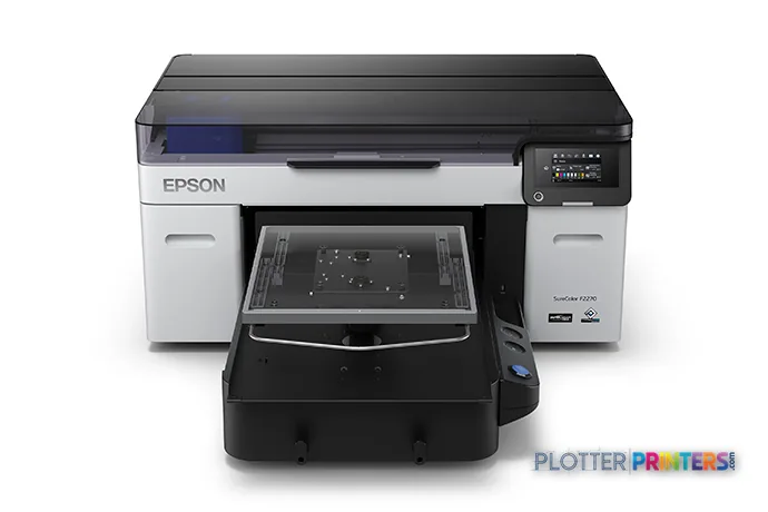 Epson SureColor F2270 large format printer product image showing black and white printer with output tray