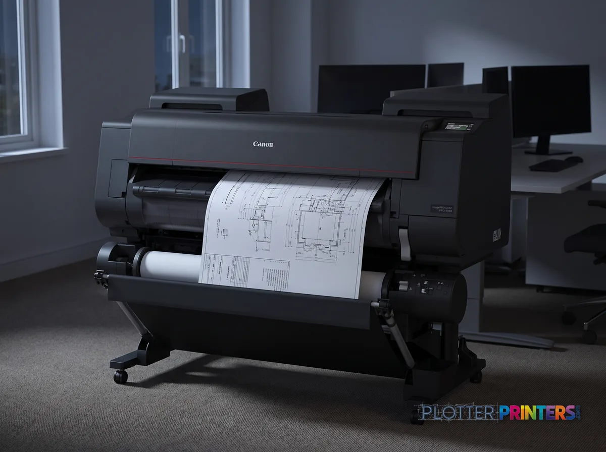 Canon imagePROGRAF PRO-6600 60-in Printer in an engineering office with a technical drawing at its print slot (staged scene from manufacturer product photography)