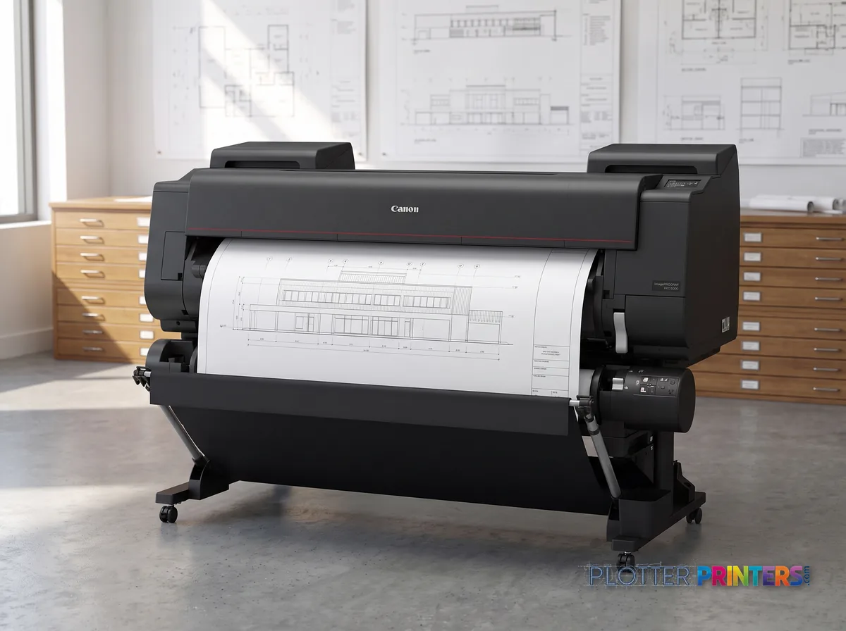 Canon imagePROGRAF PRO-6600 60-in Printer in a plan room beside flat-file drawers, printing a CAD elevation (staged scene from manufacturer product photography)