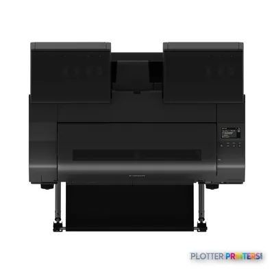 Canon imagePROGRAF GP-2600S large format printer product image, front view showing black printer with dual paper roll holder…