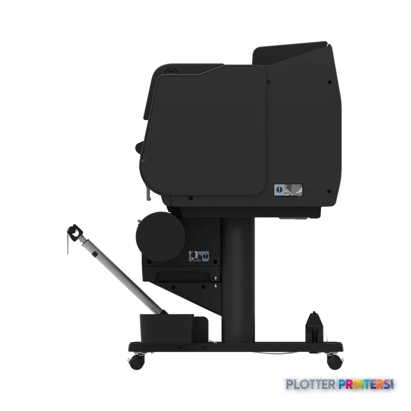 Canon imagePROGRAF GP-2600S large format printer product image showing black printer on stand with roll feed attachment