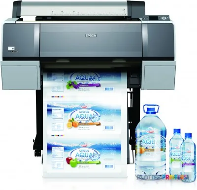 Epson Stylus Pro WT7900 Designer Edition product image showing printer with water bottle packaging prints