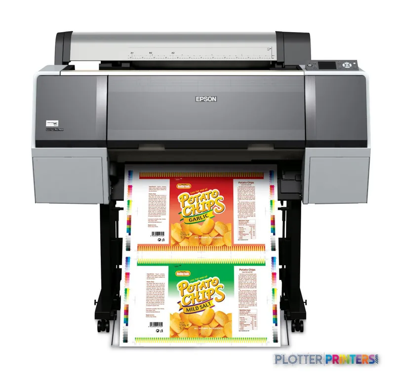 Epson Stylus Pro WT7900 Designer Edition large-format printer with colorful snack packaging designs printing