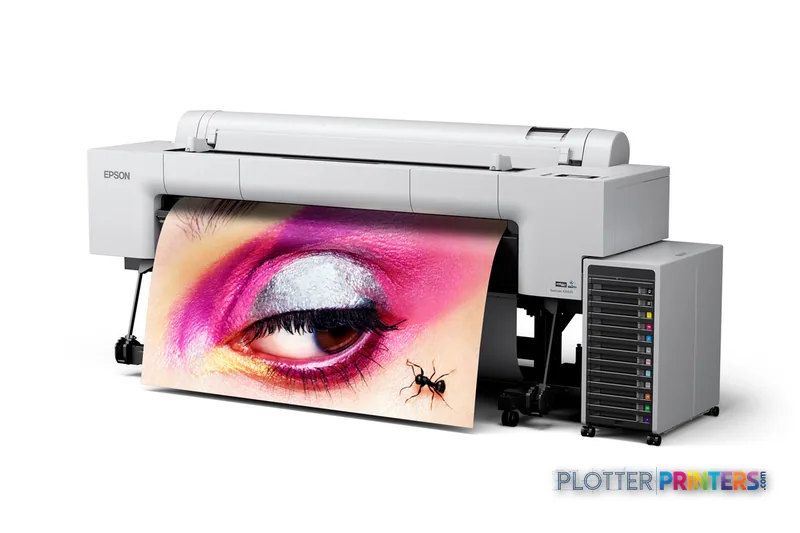 Epson SureColor P20570 large format printer product image showing white inkjet printer with colorful eye artwork printing