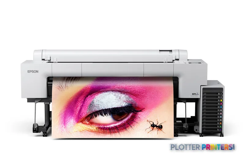 Epson SureColor P20570 large format printer product image showing white and black inkjet printer with colorful eye artwork d…