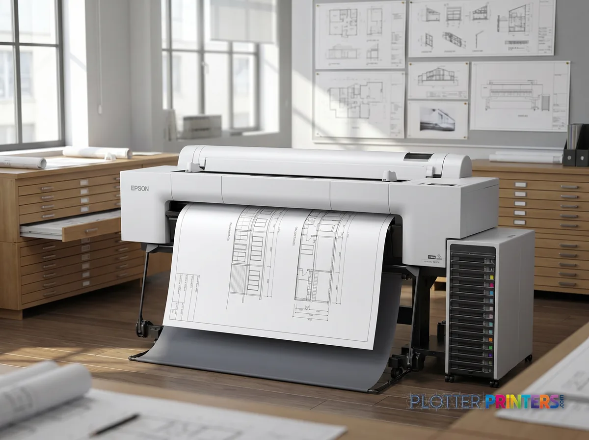 Epson SureColor P20570 large format printer Inkjet Colour 2400 x 1200 DPI Ethernet LAN in a plan room beside flat-file drawers, printing a CAD elevation (staged scene from manufacturer product photography)