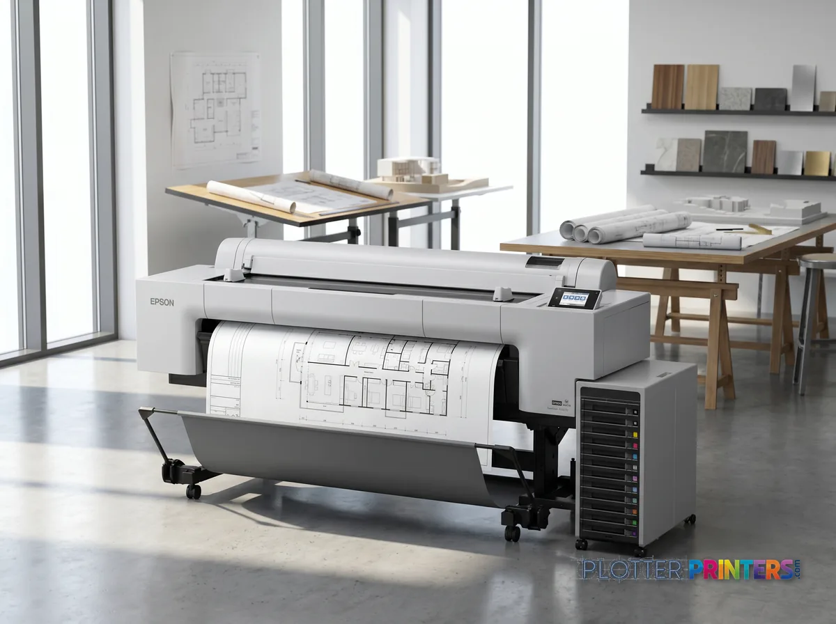 Epson SureColor P20570 large format printer Inkjet Colour 2400 x 1200 DPI Ethernet LAN in a bright architecture studio, printing a large floor plan (staged scene from manufacturer product photography)