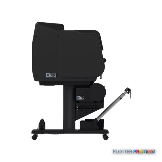 Canon imagePROGRAF GP-6600S large-format printer with stand, product view showing black printer unit mounted on wheeled stand