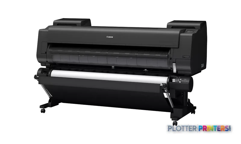 Canon imagePROGRAF GP-6600S large-format printer with stand, front product view showing black printer body and paper feed sy…