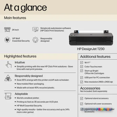HP DesignJet T230 24-in Printer product image with annotated features and specifications