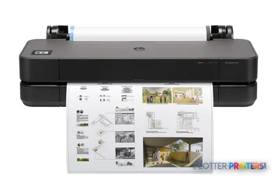 HP DesignJet T230 24-in Printer front view with grey body and white paper output showing architectural drawings