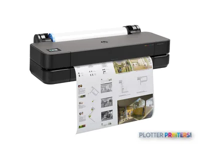HP DesignJet T230 24-in Printer front-right view showing grey and black printer with architectural drawing output