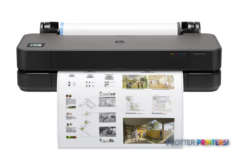 HP DesignJet T230 24-in Printer front view with grey body and white paper output showing architectural drawings