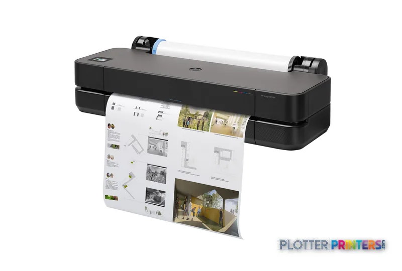 HP DesignJet T230 24-in Printer front-left view with grey body and white paper output