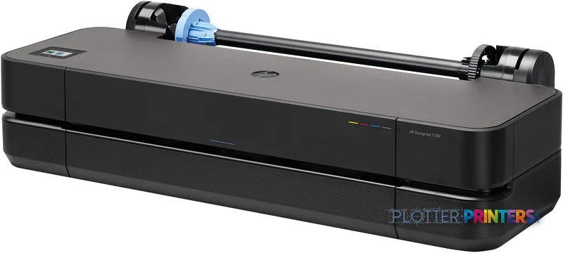 HP DesignJet T230 24-in Printer front-left view showing grey top surface with blue paper feed roller and black base unit