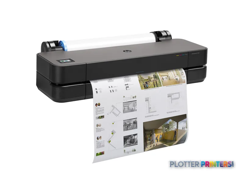 HP DesignJet T230 24-in Printer front-right view showing grey and black printer with architectural drawing output