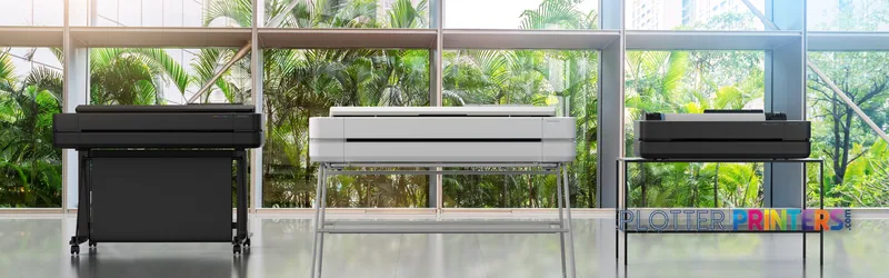 HP DesignJet T230 24-in Printer lifestyle image showing grey printer in modern office with windows