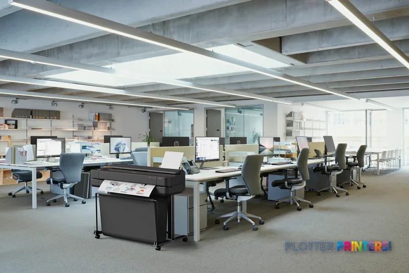 HP DesignJet T230 24-in Printer in a modern office environment with design workstations