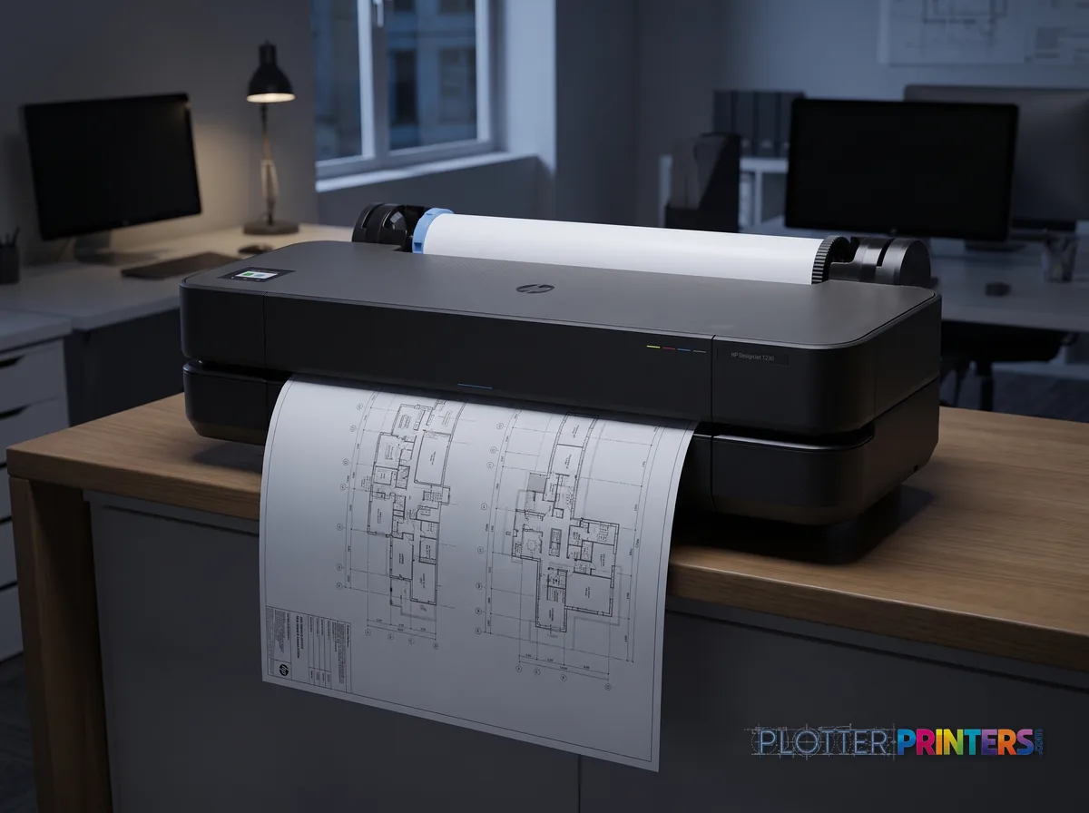 HP DesignJet T230 24-in Printer in an engineering office with a technical drawing at its print slot (staged scene from manufacturer product photography)