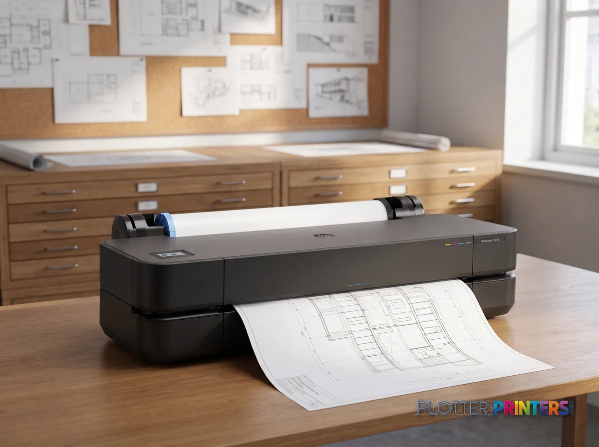 HP DesignJet T230 24-in Printer in a plan room beside flat-file drawers, printing a CAD elevation (staged scene from manufacturer product photography)