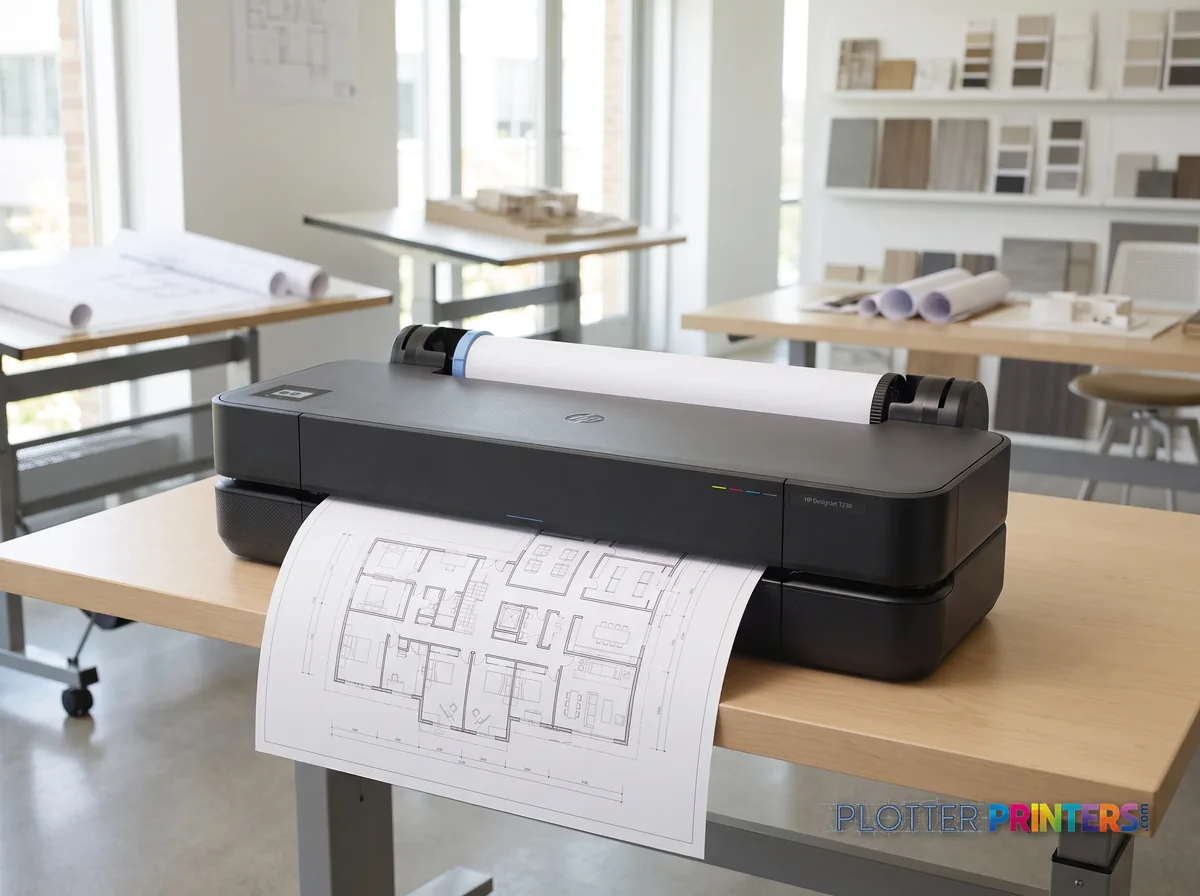 HP DesignJet T230 24-in Printer in a bright architecture studio, printing a large floor plan (staged scene from manufacturer product photography)