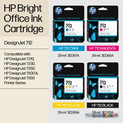 HP DesignJet T250 compatible ink cartridges shown in cyan, magenta, yellow, and black options
