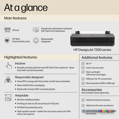 HP DesignJet T250 24-in Printer feature callout showing grey printer with key specifications and highlighted features