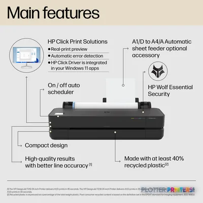 HP DesignJet T250 24-in Printer annotated view showing main features including compact design and connectivity options