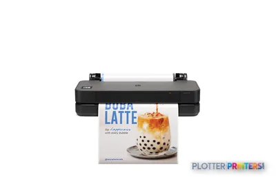 HP DesignJet T250 24-in Printer front view in grey with a boba latte poster printing