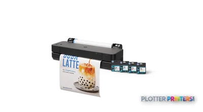 HP DesignJet T250 24-in Printer front-left view showing grey printer with output sample and ink cartridges