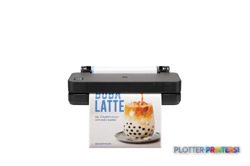 HP DesignJet T250 24-in Printer front view in grey with a boba latte poster printing