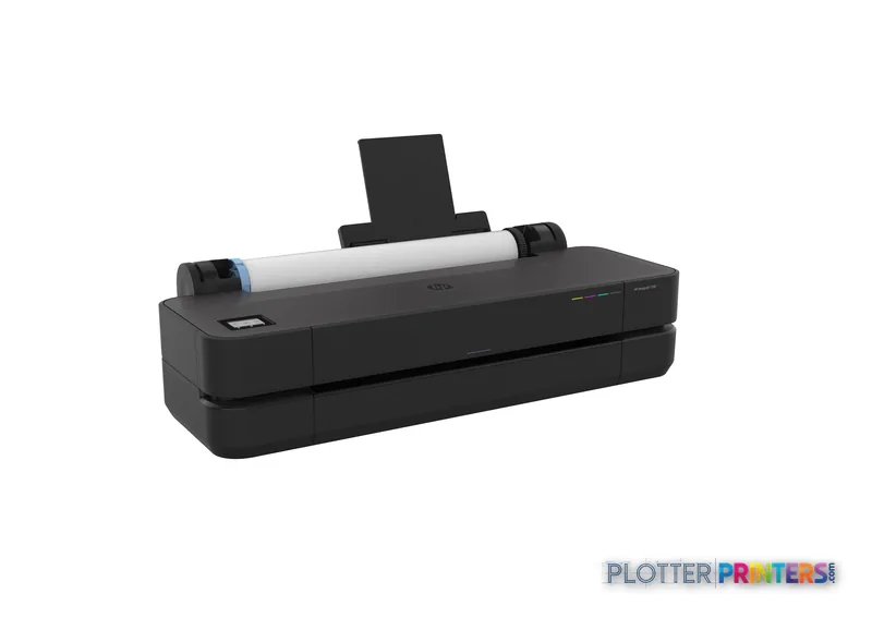 HP DesignJet T250 24-in Printer front-right view showing grey body with paper roll loaded and output tray