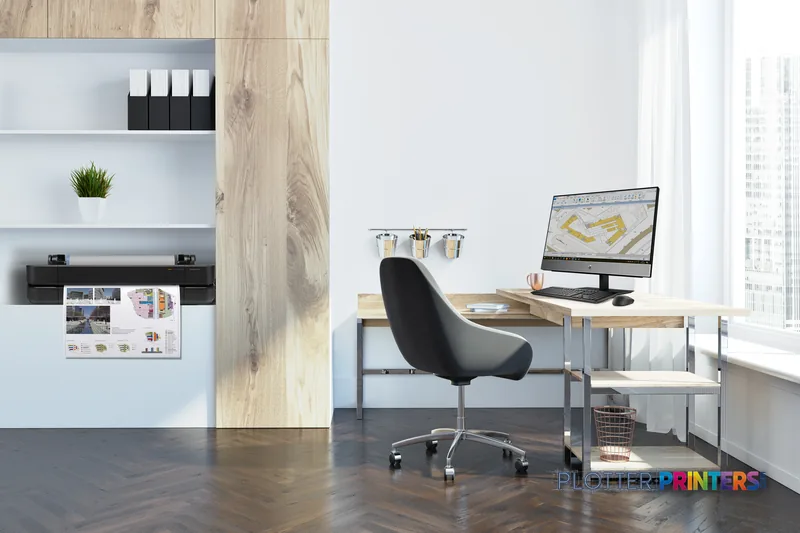 HP DesignJet T250 24-in Printer lifestyle image showing grey printer mounted on wall in modern office workspace