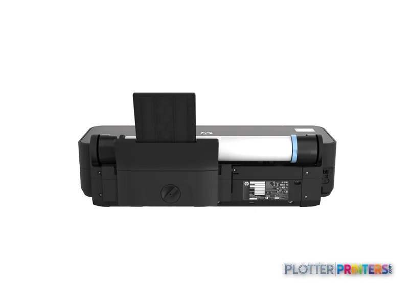 Rear view of HP DesignJet T250 24-in Printer showing paper roll feed mechanism and control panel
