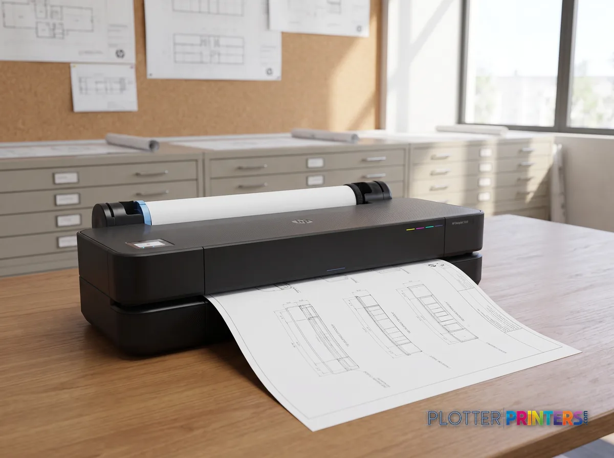 HP DesignJet T250 24-in Printer in a plan room beside flat-file drawers, printing a CAD elevation (staged scene from manufacturer product photography)
