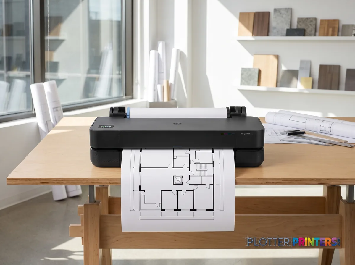 HP DesignJet T250 24-in Printer in a bright architecture studio, printing a large floor plan (staged scene from manufacturer product photography)