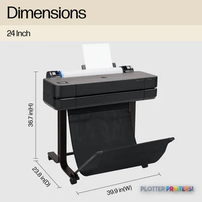HP DesignJet T630 24-in Printer dimensions callout showing black printer on stand with height, width, and depth measurements…