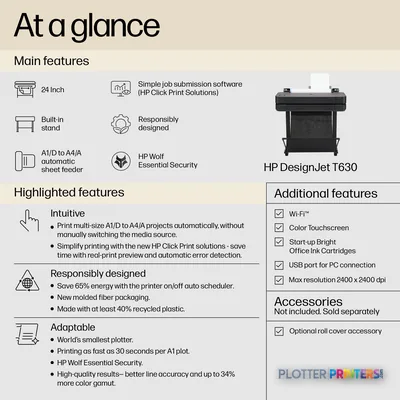 HP DesignJet T630 24-in Printer product image with annotated features and specifications