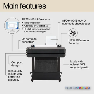 HP DesignJet T630 24-in Printer annotated with main features including compact black design and key capabilities