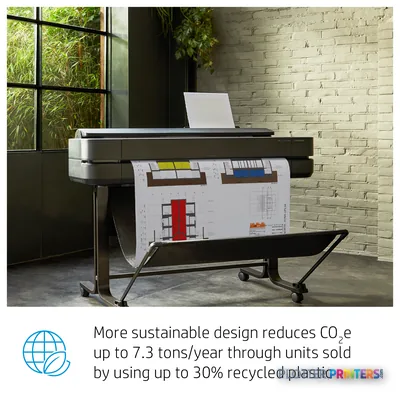 HP DesignJet T630 24-in Printer with annotated features, showing black printer outputting large-format architectural drawings