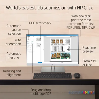 HP DesignJet T630 24-in Printer annotated feature callout showing HP Click software interface with labeled job submission to…