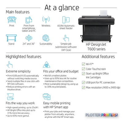 HP DesignJet T630 24-in Printer product image showing black large-format printer with feature callouts